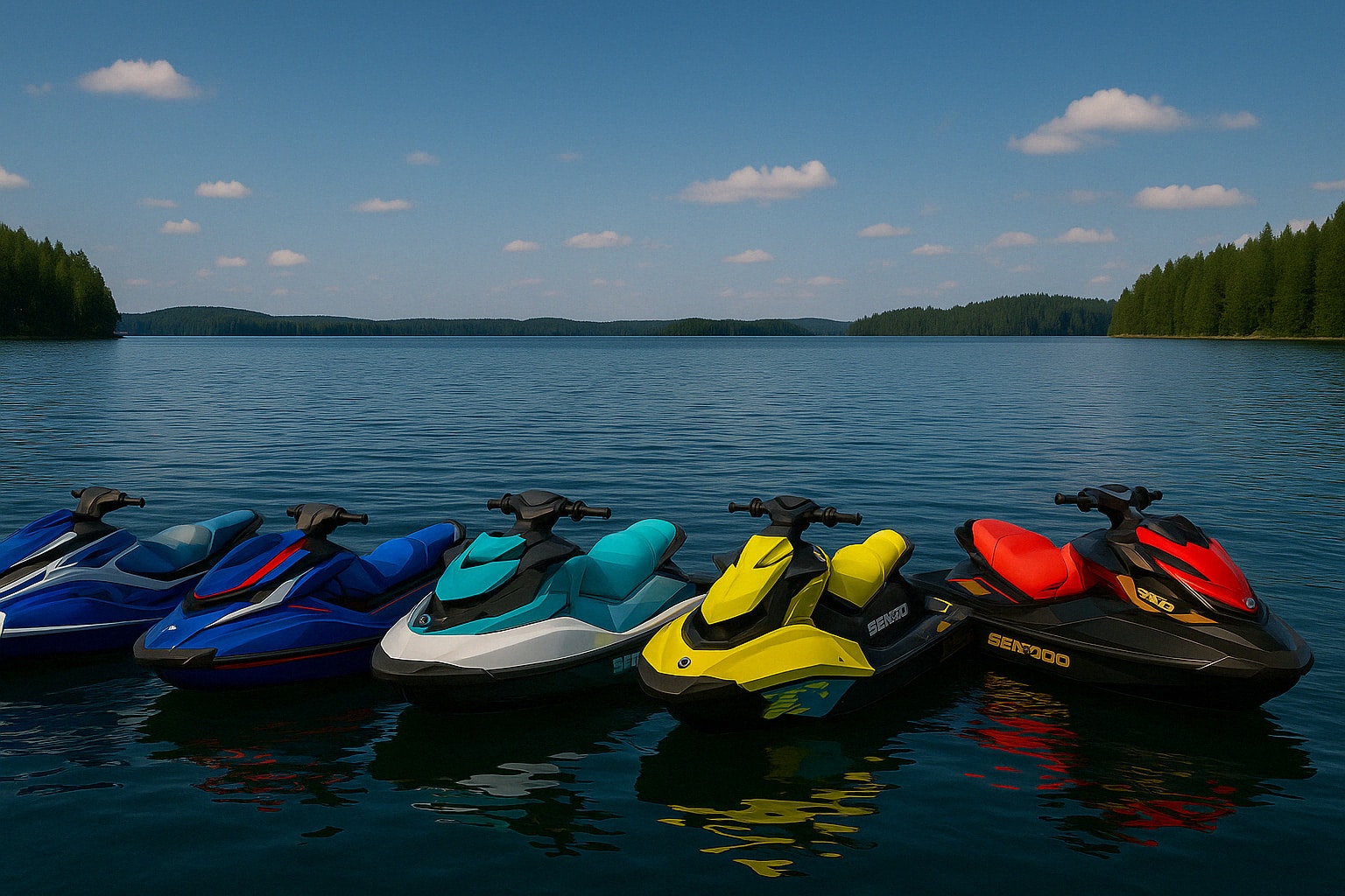 Viisi eriväristä Sea-Doo-vesijettiä kelluu vierekkäin tyynellä järvellä Savonlinnassa kirkkaana kesäpäivänä.