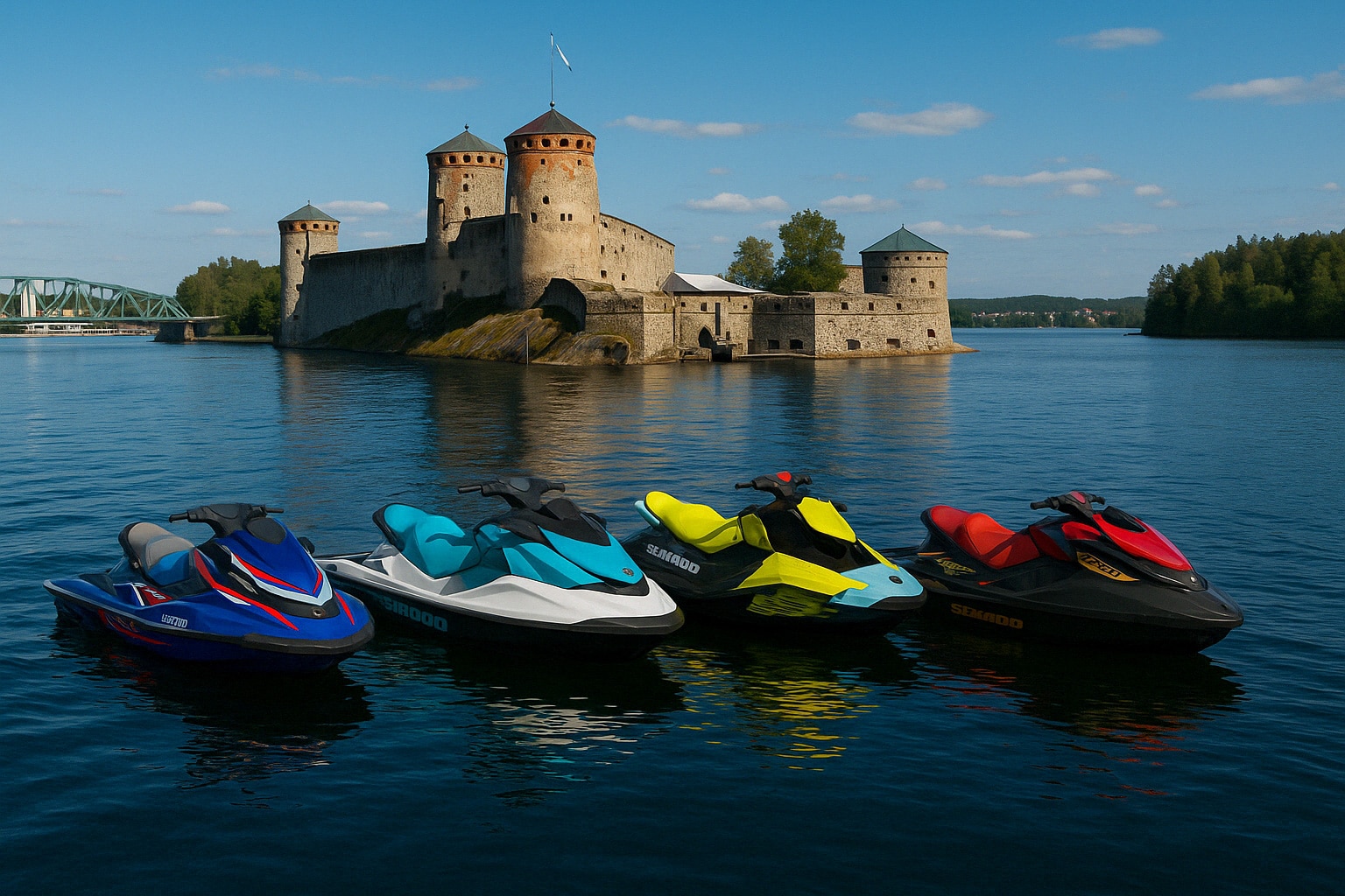 Neljä värikästä vesijettiä Olavinlinnan edustalla Savonlinnassa