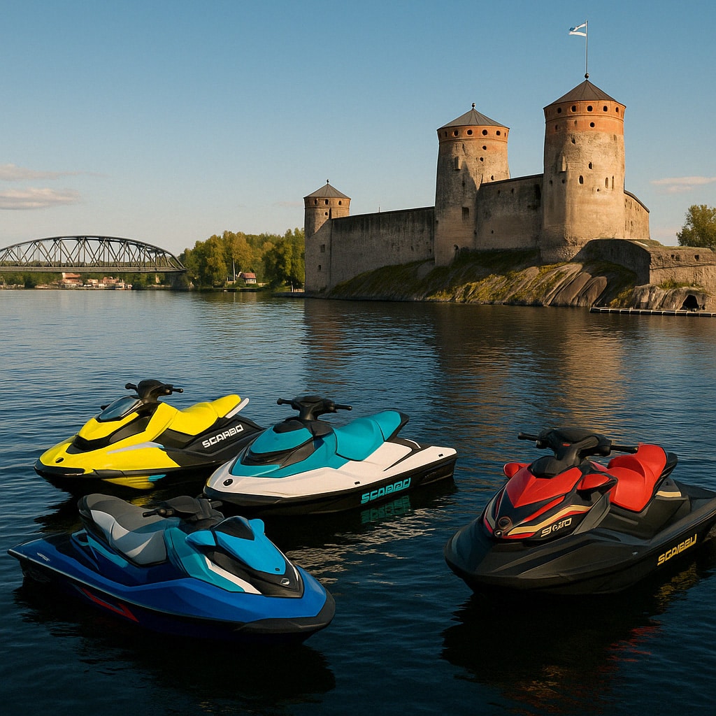 Neljän erivärisen Sea-Doo-vesijetin ryhmä kelluu ilta-auringossa Olavinlinnan edustalla Savonlinnassa.
