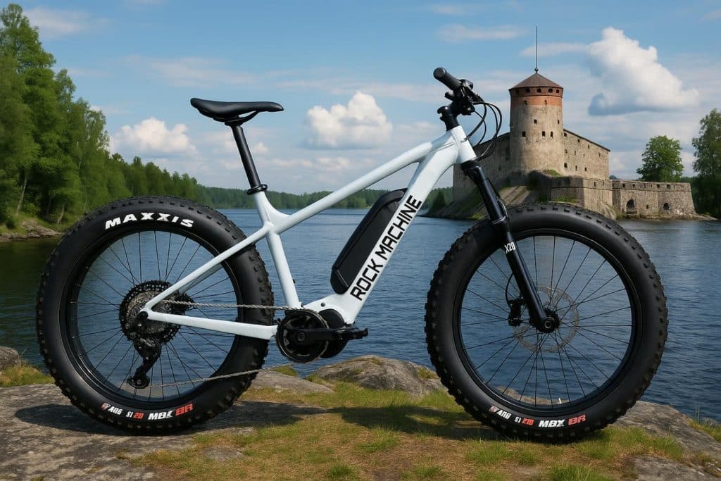 Rock Machine -merkkinen sähköfatbike seisoo rantakalliolla Olavinlinnan edessä kesäisessä Savonlinnassa.